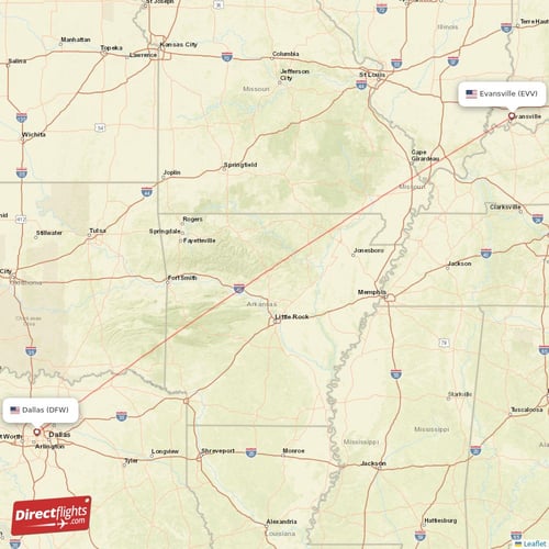 Dallas - Evansville direct flight map
