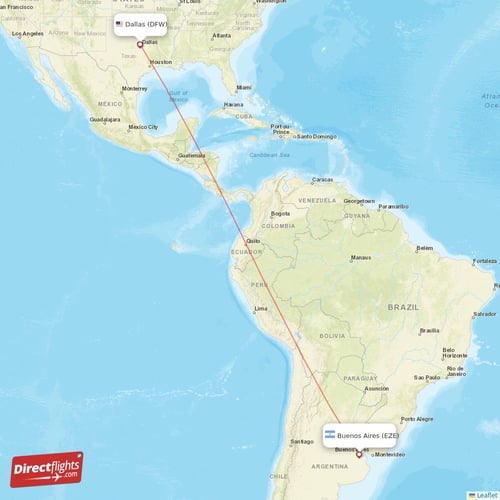 Dallas - Buenos Aires direct flight map