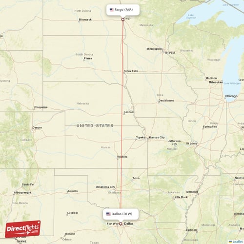 Dallas - Fargo direct flight map