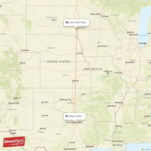 Dallas - Sioux Falls direct flight map