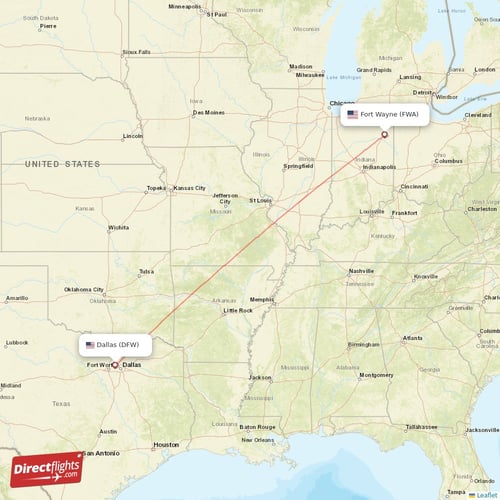 Dallas - Fort Wayne direct flight map
