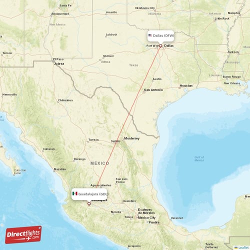 Dallas - Guadalajara direct flight map