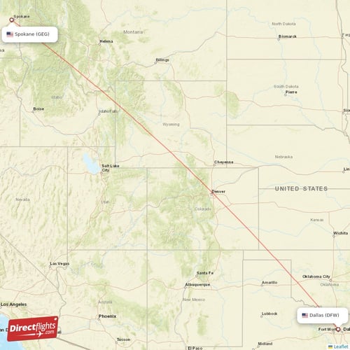 Dallas - Spokane direct flight map