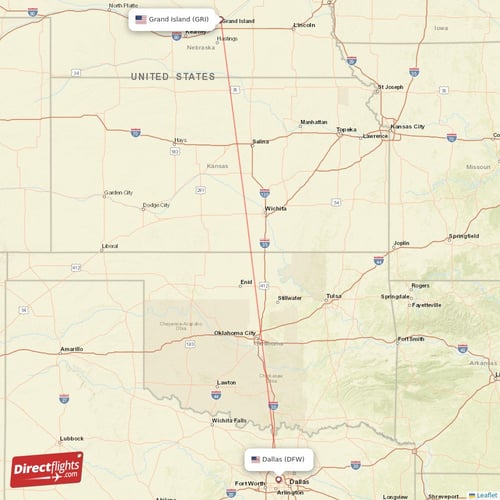 Dallas - Grand Island direct flight map