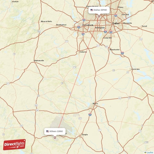 Dallas - Killeen direct flight map