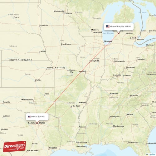 Dallas - Grand Rapids direct flight map