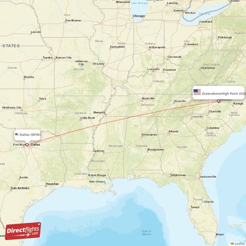 Dallas - Greensboro/High Point direct flight map