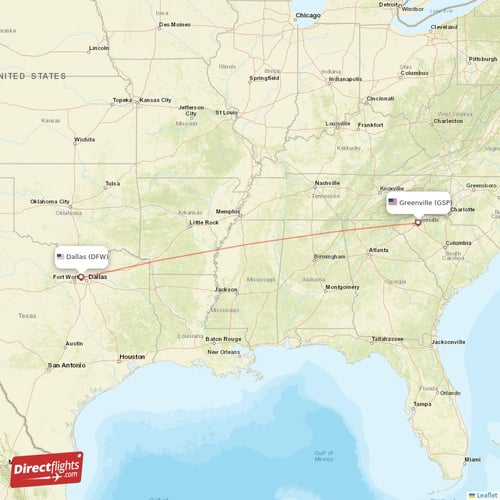 Dallas - Greenville direct flight map