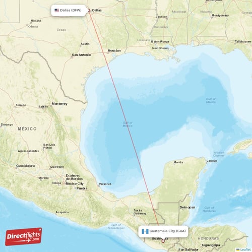 Dallas - Guatemala City direct flight map