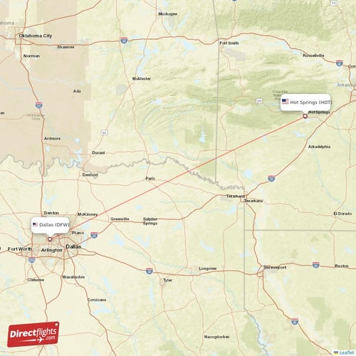 Dallas - Hot Springs direct flight map