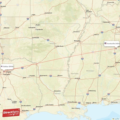 Dallas - Huntsville direct flight map