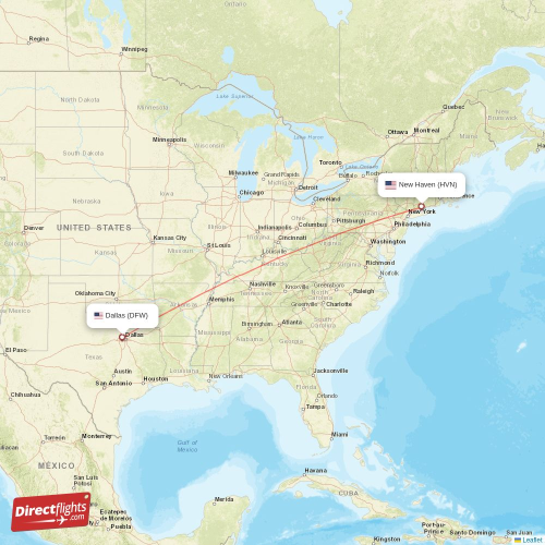 Dallas - New Haven direct flight map