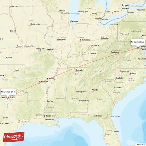 Dallas - Dulles direct flight map