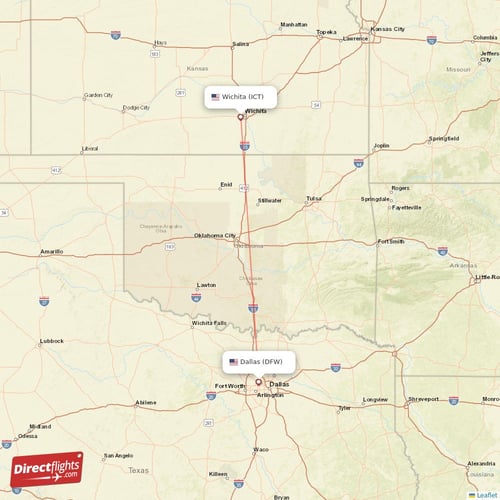 Dallas - Wichita direct flight map