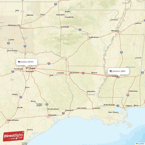 Dallas - Jackson direct flight map