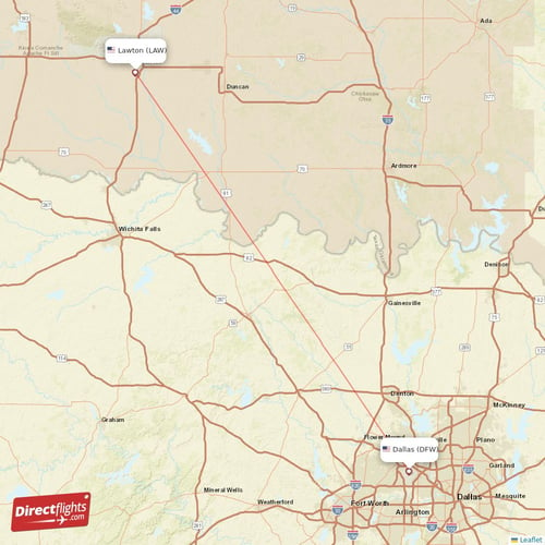 Dallas - Lawton direct flight map
