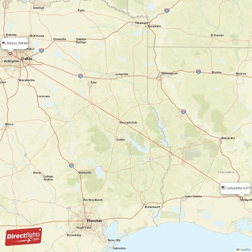 Dallas - Lafayette direct flight map