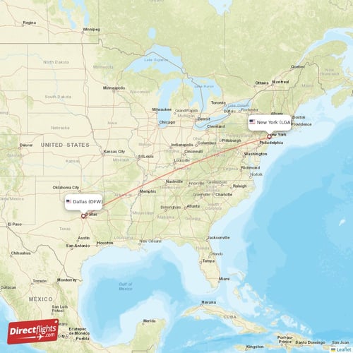 Dallas - New York direct flight map