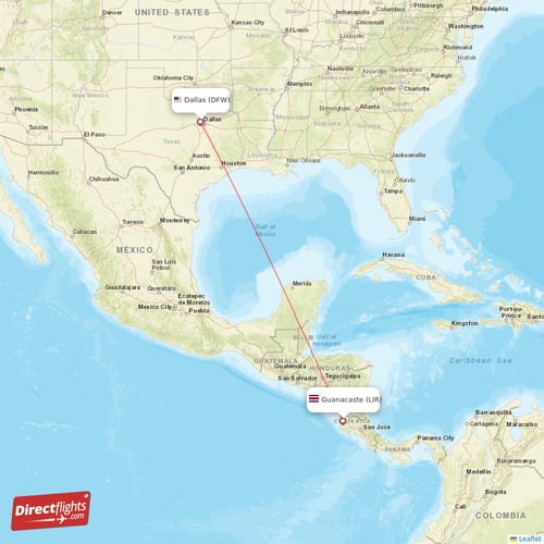 Dallas - Guanacaste direct flight map