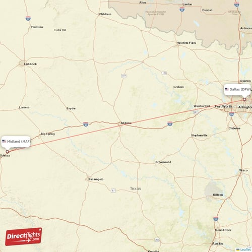 Dallas - Midland direct flight map
