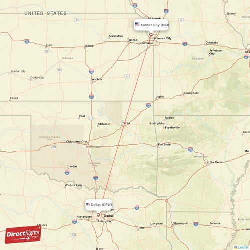 Dallas - Kansas City direct flight map