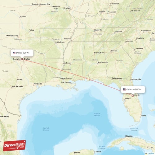 Dallas - Orlando direct flight map