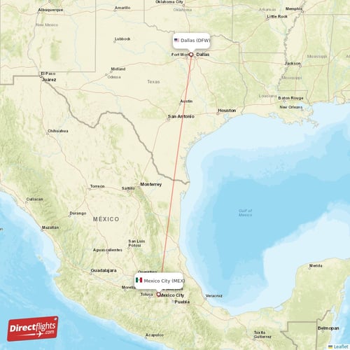 Dallas - Mexico City direct flight map