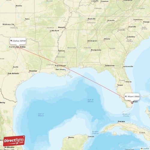 Dallas - Miami direct flight map