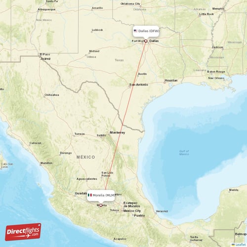 Dallas - Morelia direct flight map