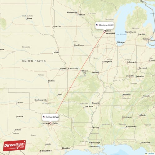Dallas - Madison direct flight map