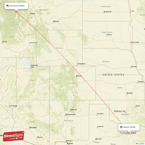 Dallas - Missoula direct flight map
