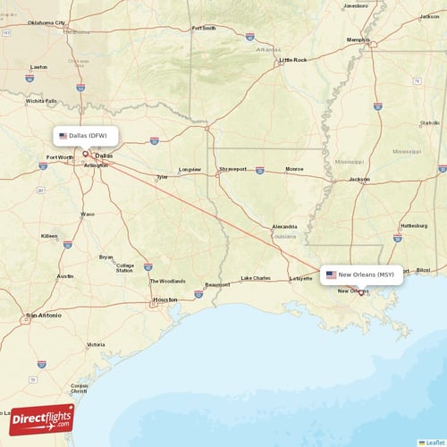 Dallas - New Orleans direct flight map