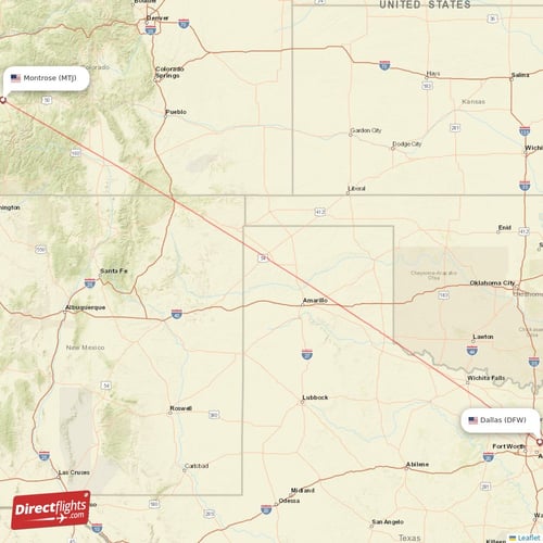Dallas - Montrose direct flight map