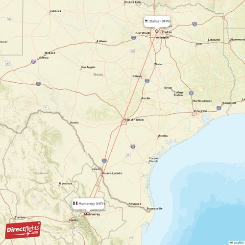 Dallas - Monterrey direct flight map