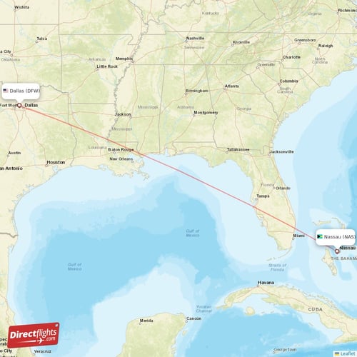 Dallas - Nassau direct flight map