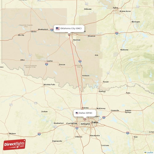 Dallas - Oklahoma City direct flight map