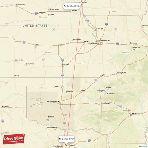 Dallas - Omaha direct flight map