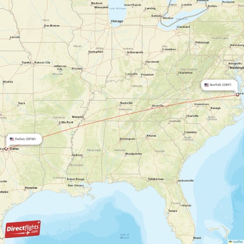 Dallas - Norfolk direct flight map