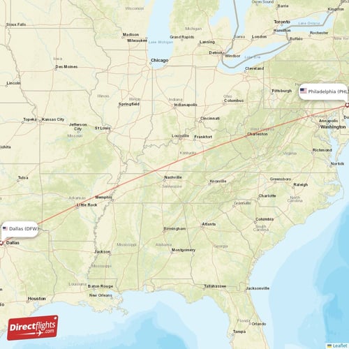 Dallas - Philadelphia direct flight map
