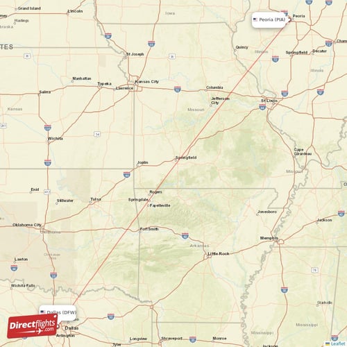 Dallas - Peoria direct flight map