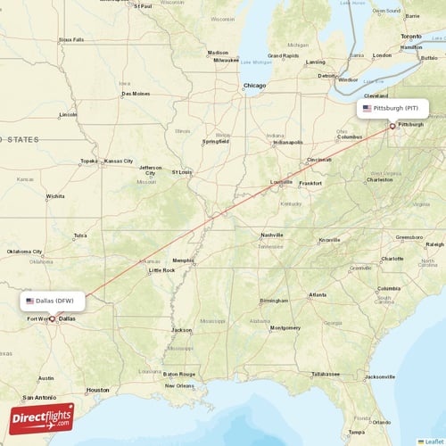 Dallas - Pittsburgh direct flight map