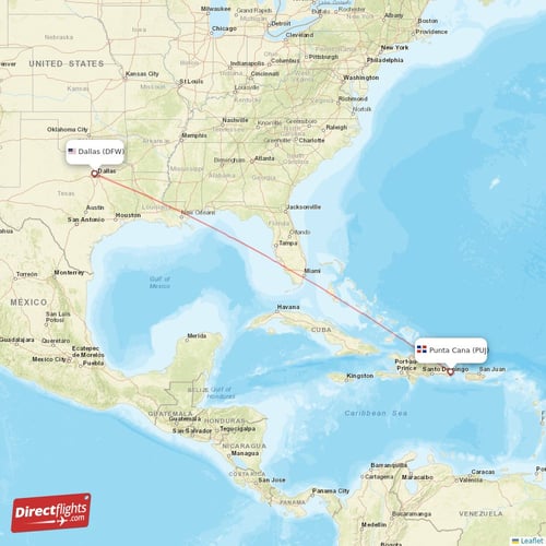 Dallas - Punta Cana direct flight map