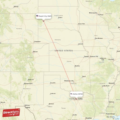 Dallas - Rapid City direct flight map