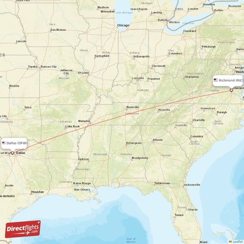 Dallas - Richmond direct flight map