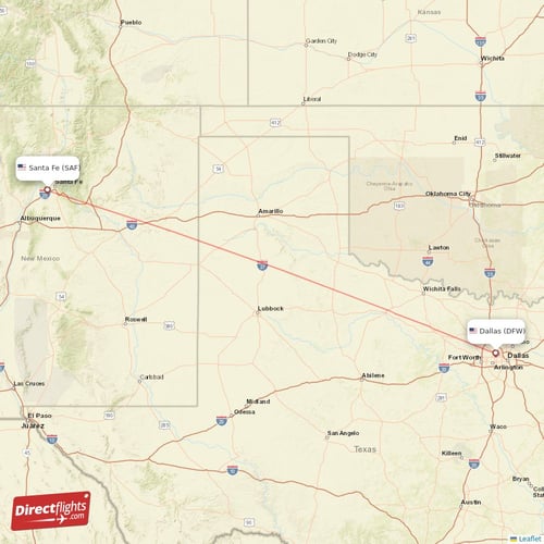 Dallas - Santa Fe direct flight map