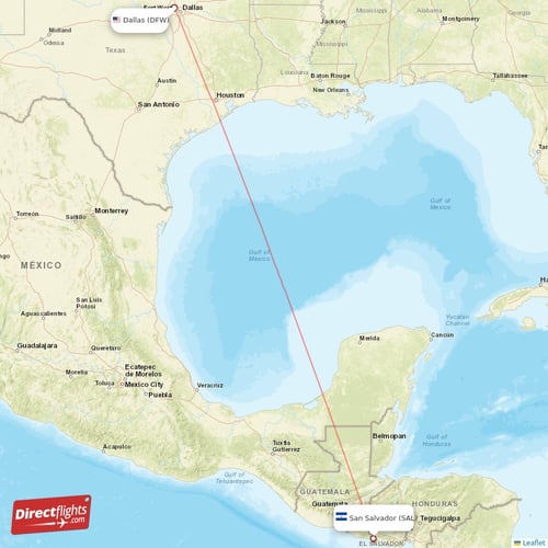 Dallas - San Salvador direct flight map
