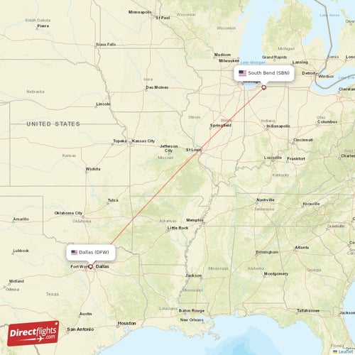 Dallas - South Bend direct flight map