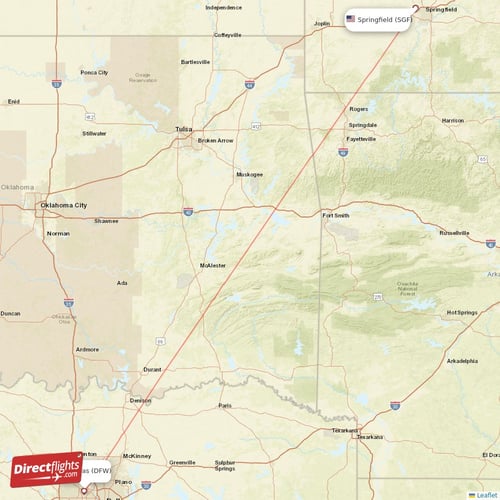 Dallas - Springfield direct flight map