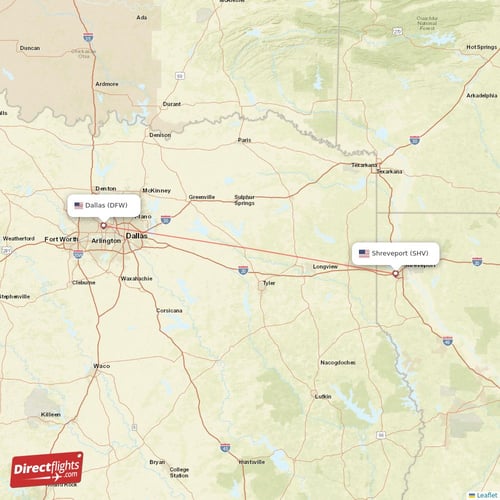 Dallas - Shreveport direct flight map