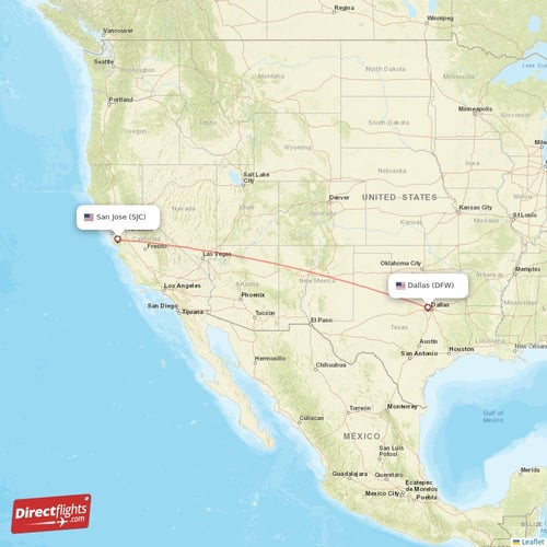 Dallas - San Jose direct flight map